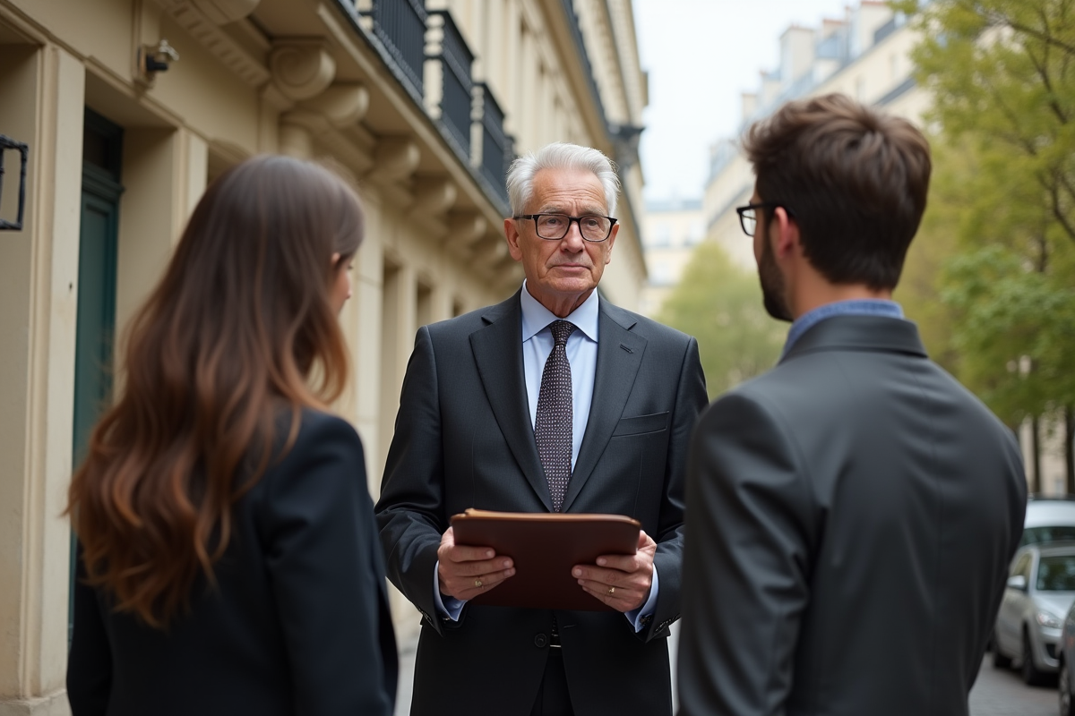 Notaire devant immeuble parisien avec couple