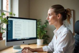 Femme professionnelle organisant sa boîte mail sur un ordinateur de bureau dans un bureau moderne à Toulouse