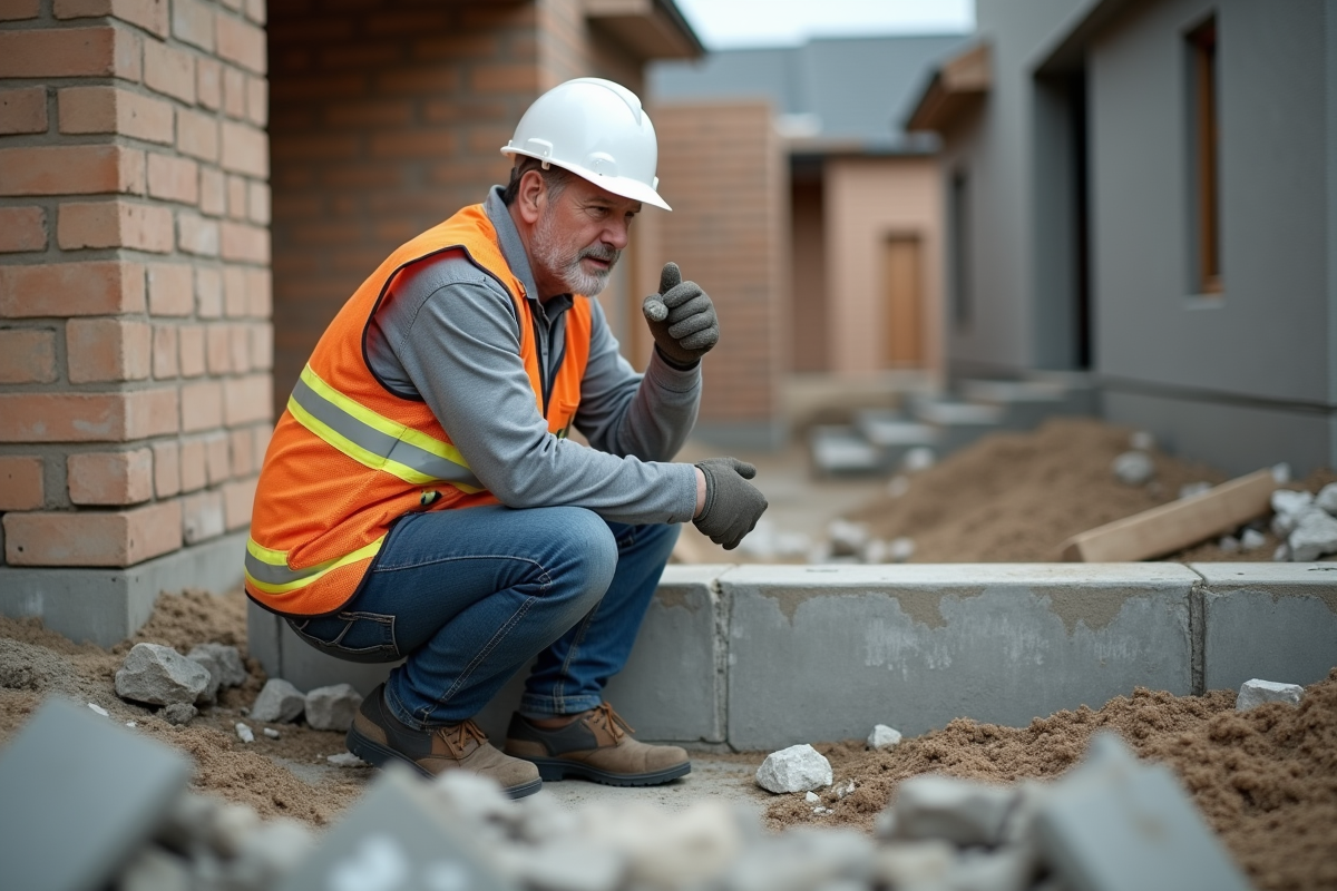 Ouvrier en vestiaire réfléchissant près d'une fondation en béton