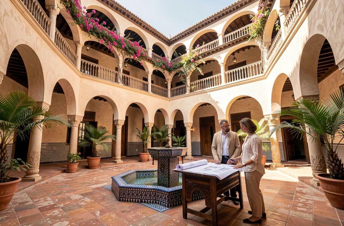 Patio intérieur d'un riad traditionnel de Marrakech avec fontaine en zellige et deux personnes examinant des plans immobiliers
