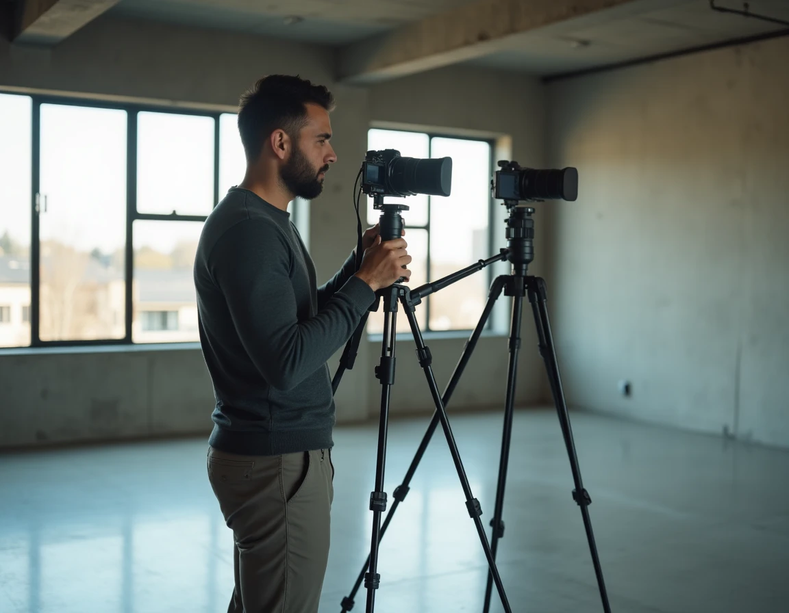 Photographe immobilier configurant une caméra 360 degrés sur trépied dans un appartement vide aux murs en béton