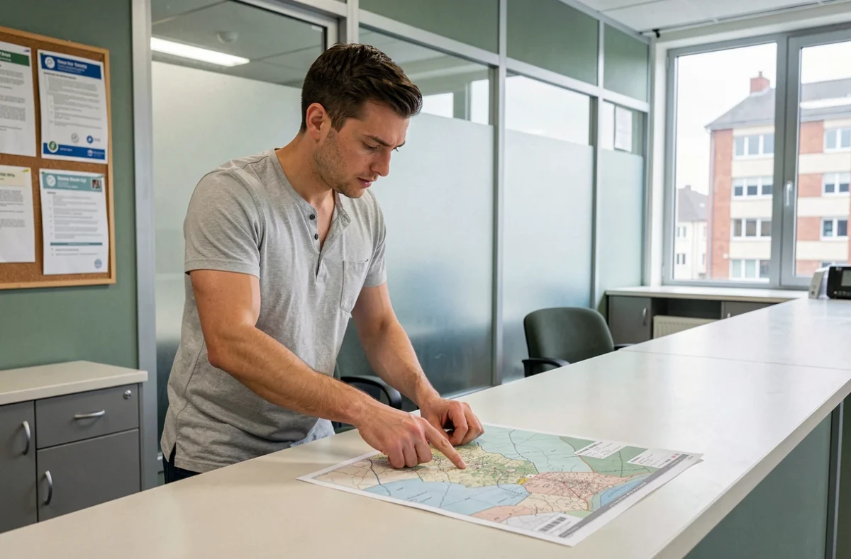Homme consultant un plan cadastral dans un bureau de registre foncier pour identifier un propriétaire