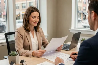 Femme souriante signant des documents immobiliers dans une agence moderne lors de son premier achat