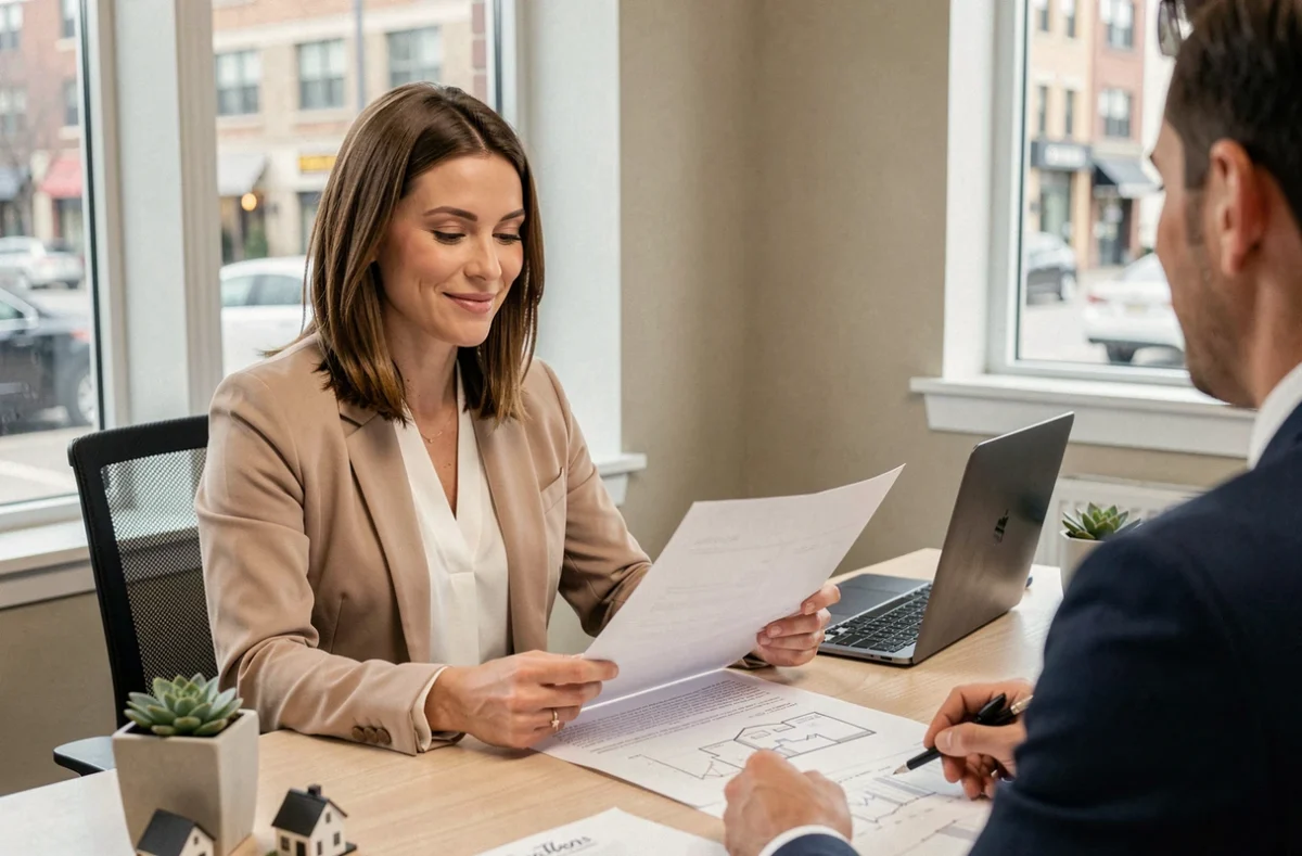 Femme souriante signant des documents immobiliers dans une agence moderne lors de son premier achat