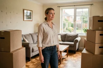 Femme préparant la vente de sa maison partiellement meublée avec des cartons de déménagement dans le salon