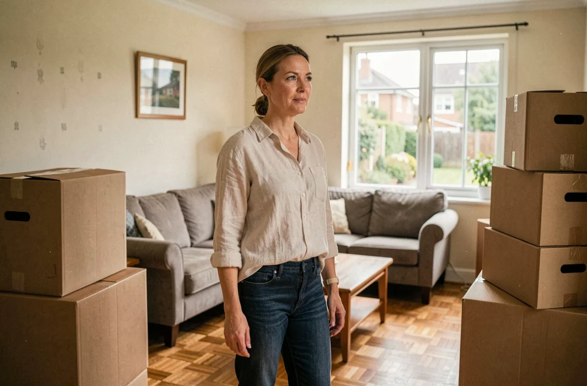 Femme préparant la vente de sa maison partiellement meublée avec des cartons de déménagement dans le salon