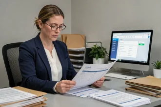 Travailleuse sociale examinant un dossier de demande de logement SYPLO dans un bureau administratif en 2026