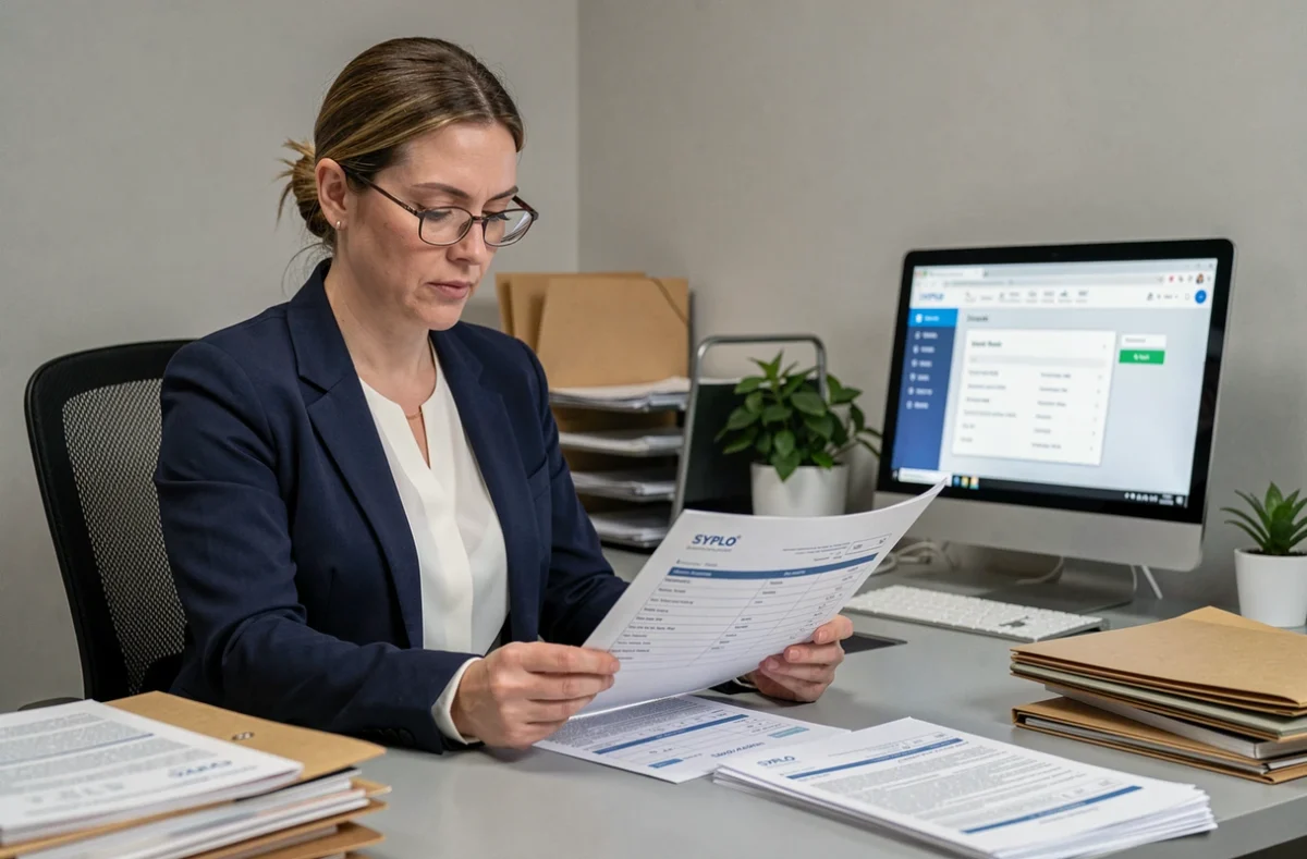 Travailleuse sociale examinant un dossier de demande de logement SYPLO dans un bureau administratif en 2026