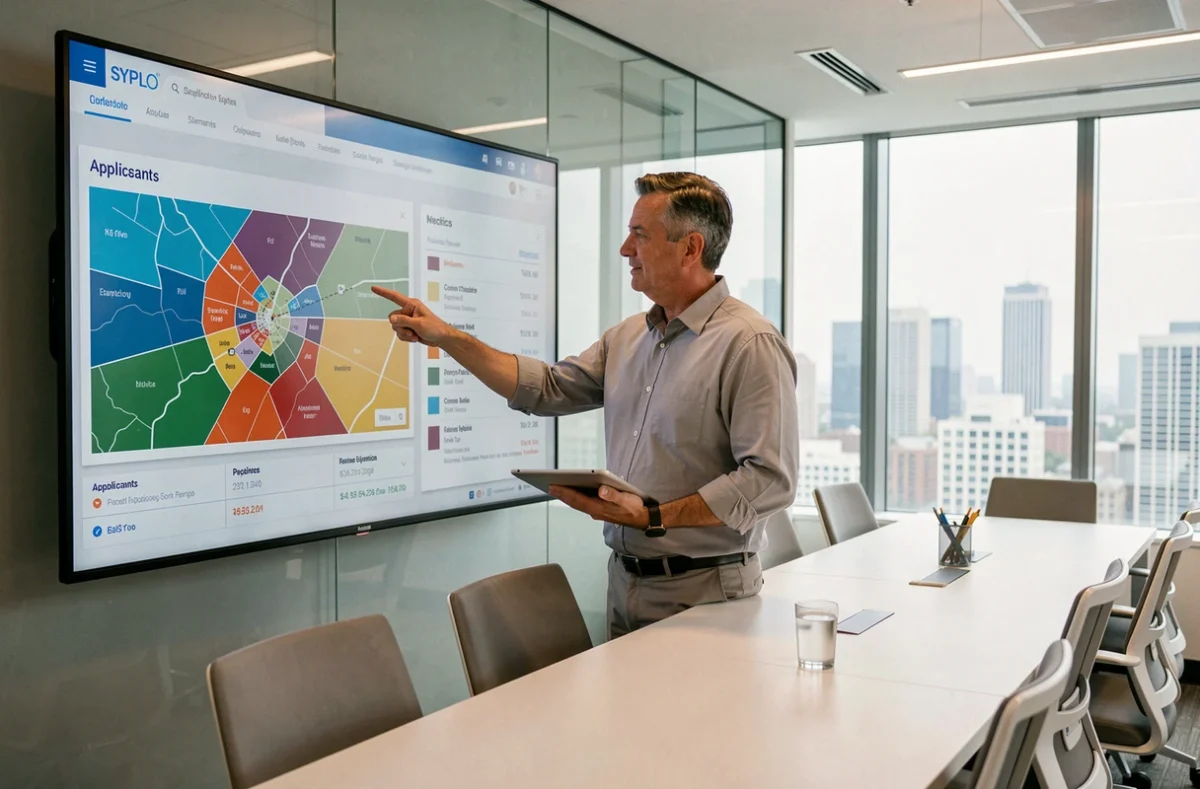 Urbaniste consultant un tableau de bord SYPLO avec cartographie des logements disponibles lors d'une réunion de prescripteurs