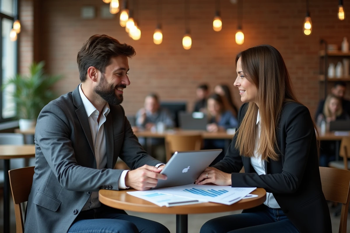 Deux professionnels en discussion sur des rapports de performance commerciale dans un espace de coworking