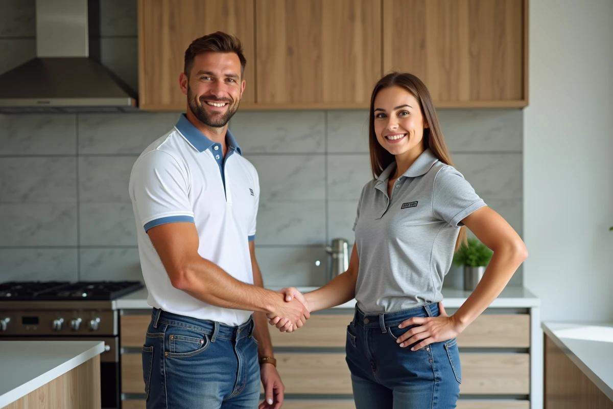 Deux professionnels de la rénovation se serrant la main devant une cuisine rénovée avec nouveaux placards et plan de travail en pierre