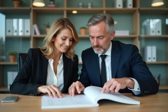 Femme et homme d'affaires examinent un registre de coproprietes