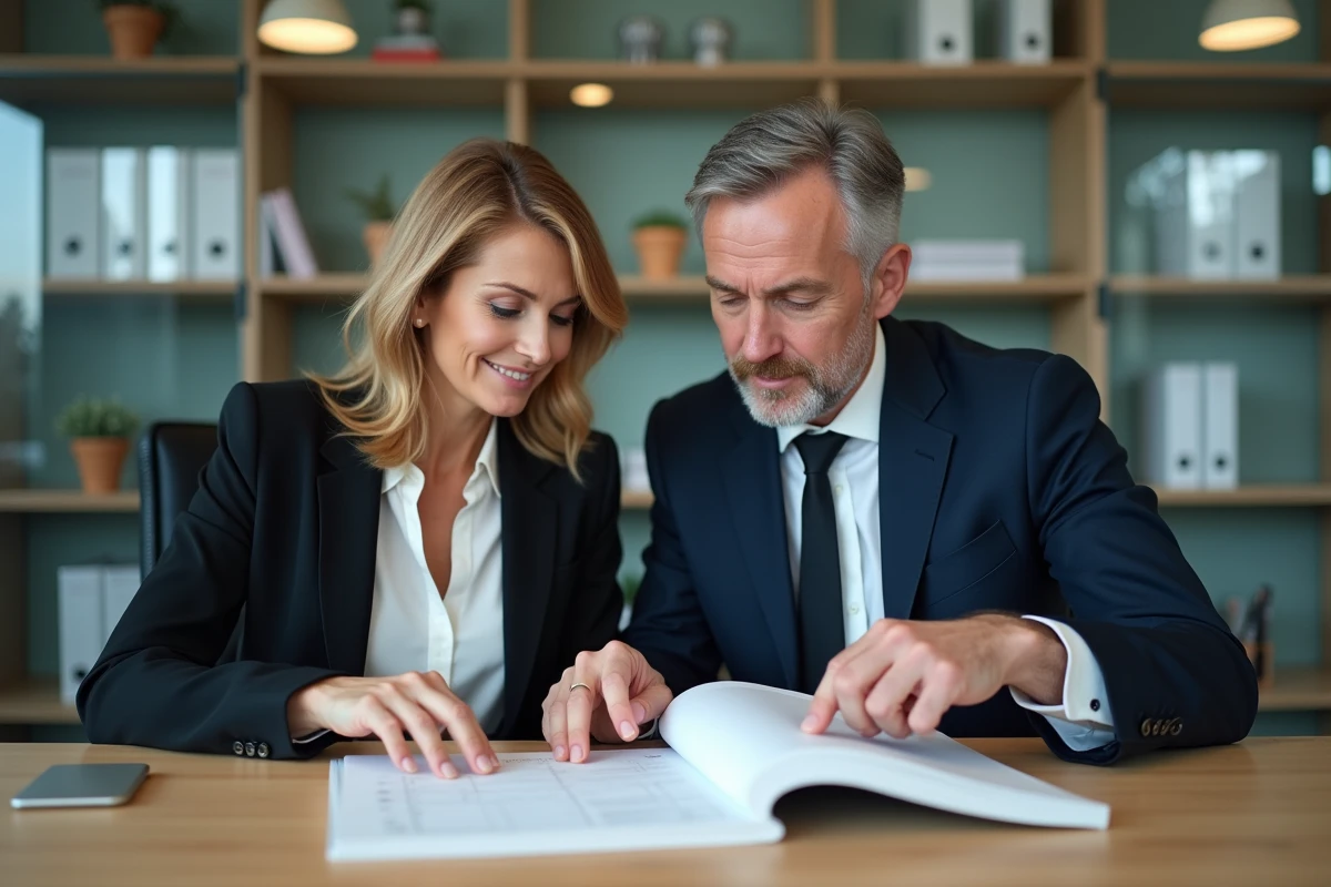 Femme et homme d'affaires examinent un registre de coproprietes