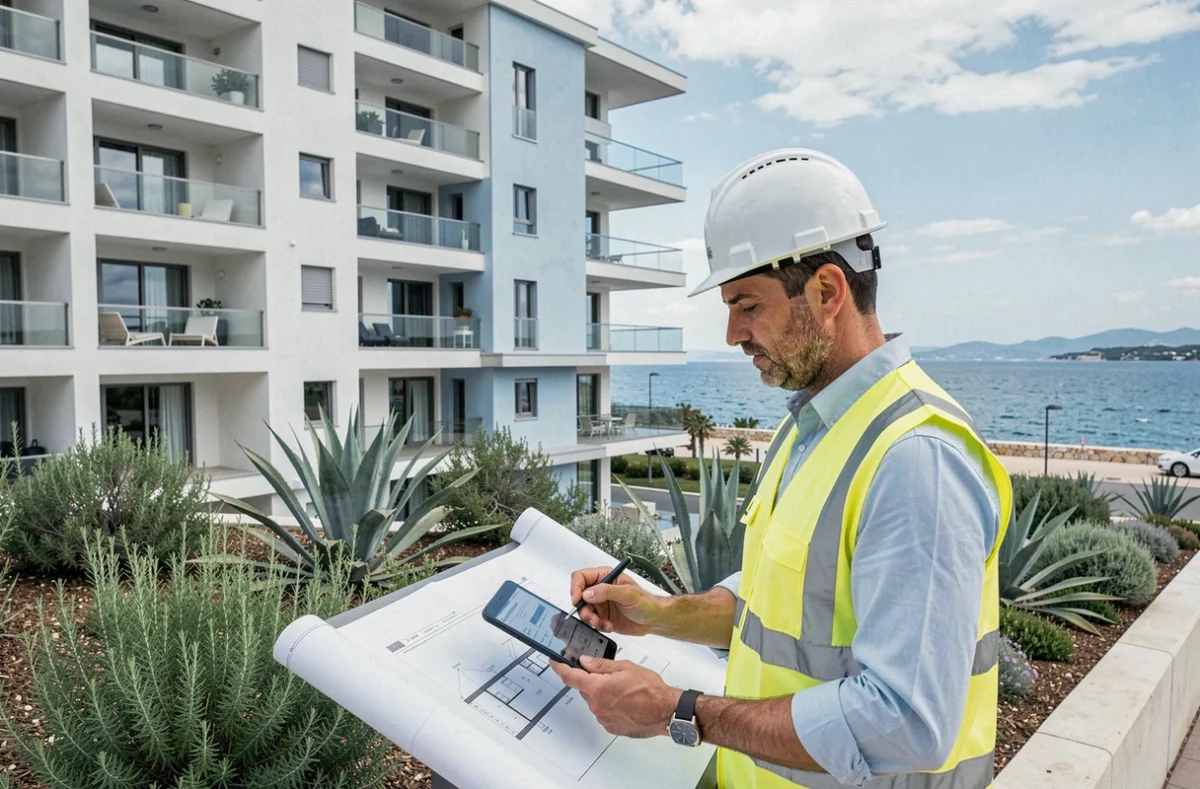 Chantier d'un programme immobilier Promogim en bord de mer à Marseille avec un chef de projet sur site