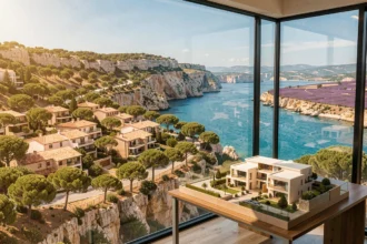 Vue aérienne d'un ensemble immobilier neuf en Provence-Alpes-Côte d'Azur avec des résidences modernes face à la mer