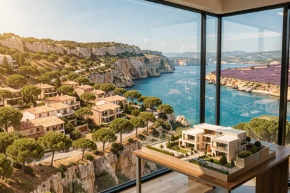 Vue aérienne d'un ensemble immobilier neuf en Provence-Alpes-Côte d'Azur avec des résidences modernes face à la mer