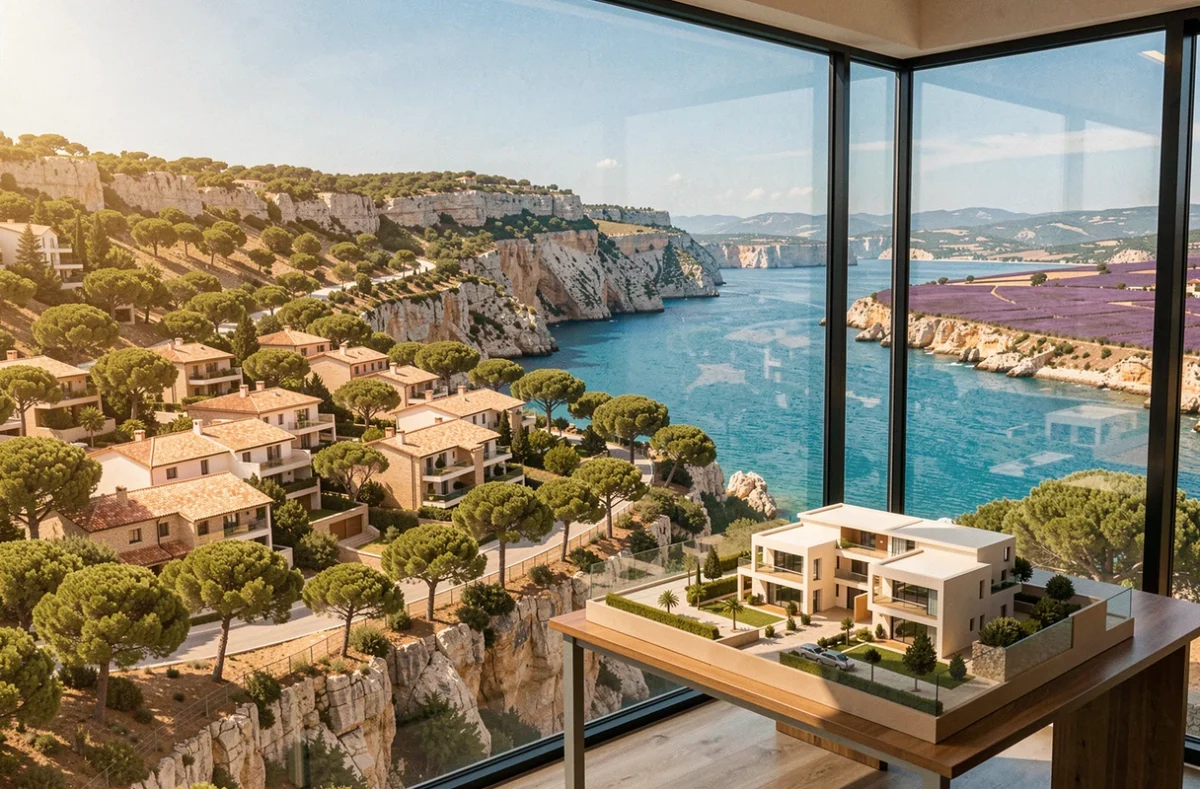 Vue aérienne d'un ensemble immobilier neuf en Provence-Alpes-Côte d'Azur avec des résidences modernes face à la mer