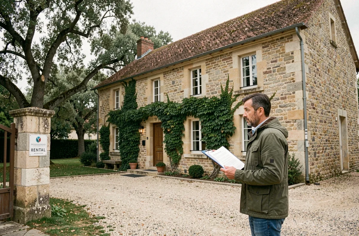 Propriétaire bailleur consultant ses documents d'assurance devant sa maison en pierre mise en location