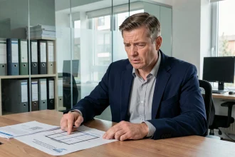Propriétaire bailleur examinant la réglementation VMC en copropriété dans un bureau de gestion immobilière