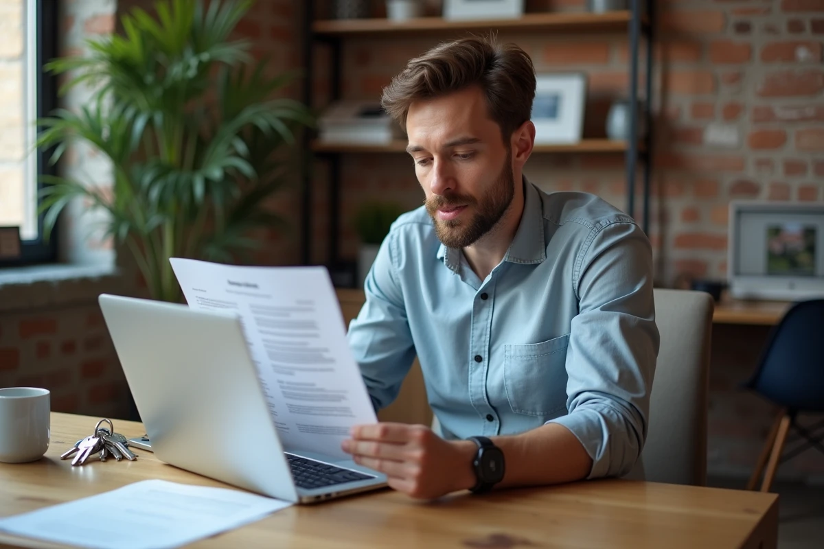 Propriétaire débutant étudiant un contrat de location meublée avec clés d'appartement sur la table