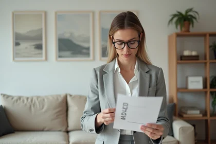 Propriétaire débutante consultant une liste de vérification pour la location meublée dans un appartement moderne