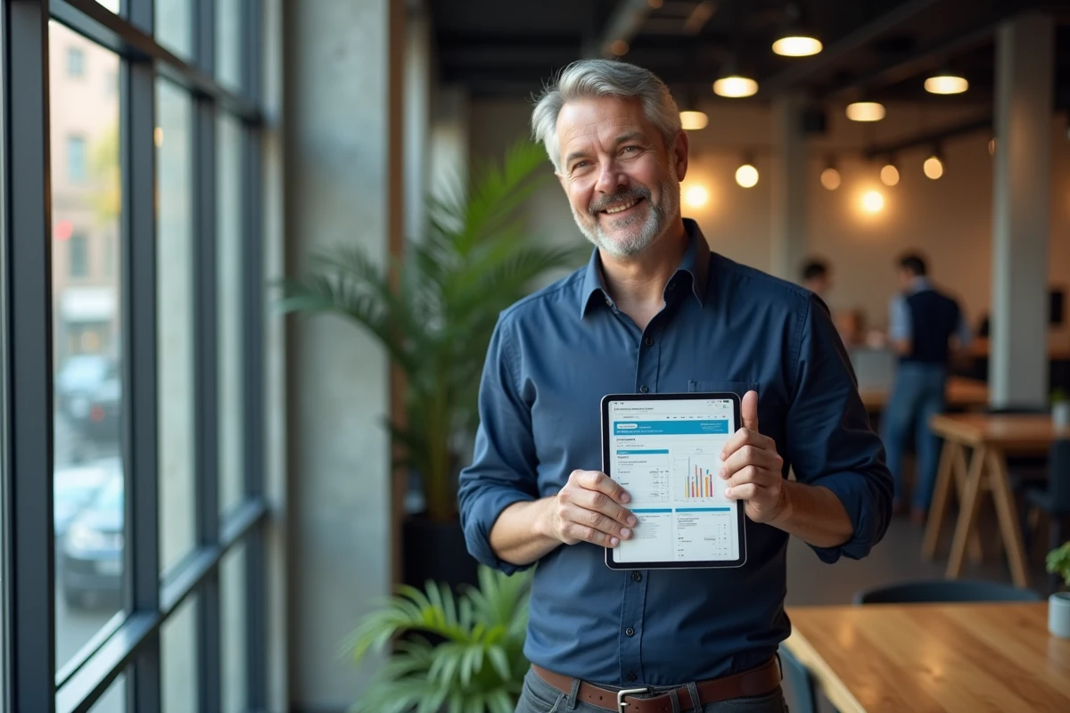 Propriétaire consultant sa plateforme de gestion locative sur tablette dans un espace de coworking moderne