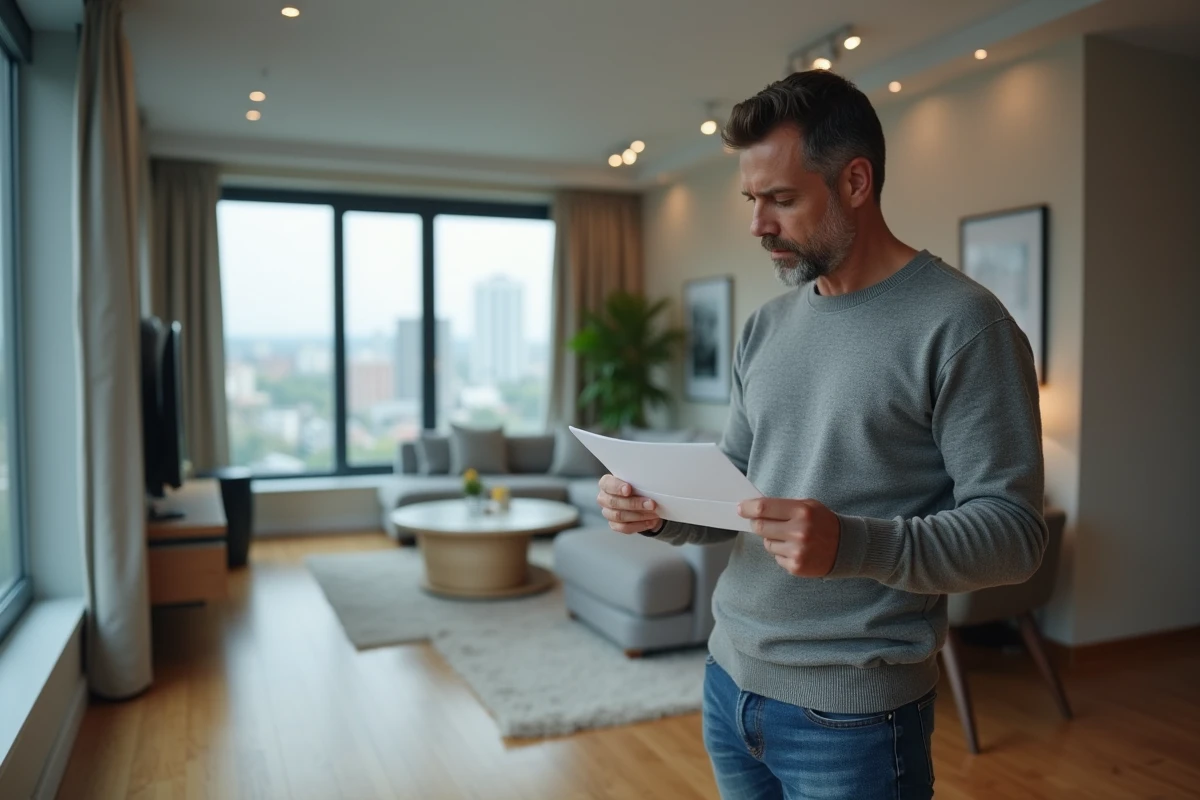 Propriétaire en indivision tenant des documents de prêt immobilier dans un appartement partagé partiellement vide