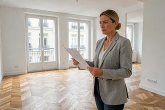 Propriétaire vérifiant la liste du mobilier obligatoire pour location meublée dans un appartement vide