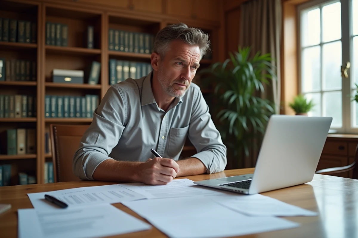 Propriétaire remplissant un modèle de pré état daté Word sur une table avec des documents de copropriété
