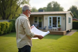 Propriétaire examinant un plan d'aménagement devant un mobil-home installé sur son terrain résidentiel