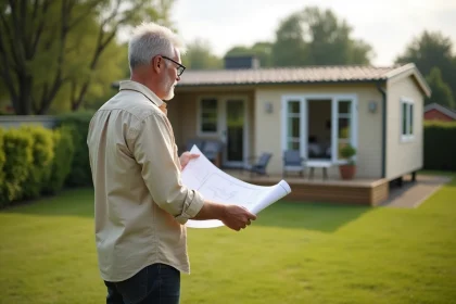 Propriétaire examinant un plan d'aménagement devant un mobil-home installé sur son terrain résidentiel