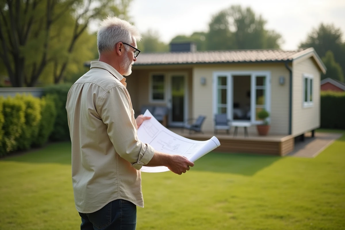 Propriétaire examinant un plan d'aménagement devant un mobil-home installé sur son terrain résidentiel