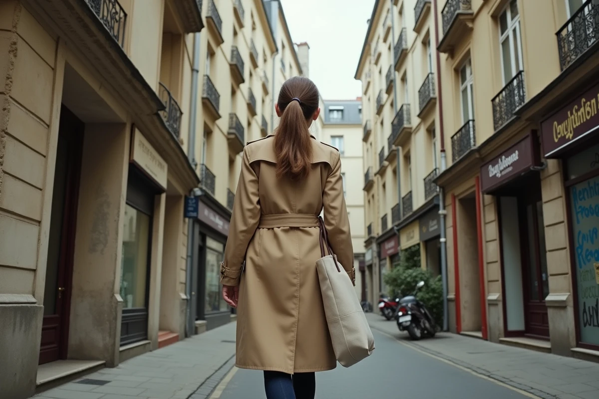 Femme se promenant dans un quartier abordable de Saint-Germain-en-Laye avec des immeubles résidentiels en arrière-plan
