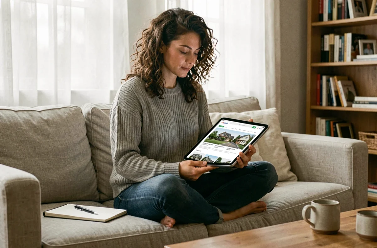 Femme recherchant des biens immobiliers sur tablette depuis son salon pour préparer son premier achat