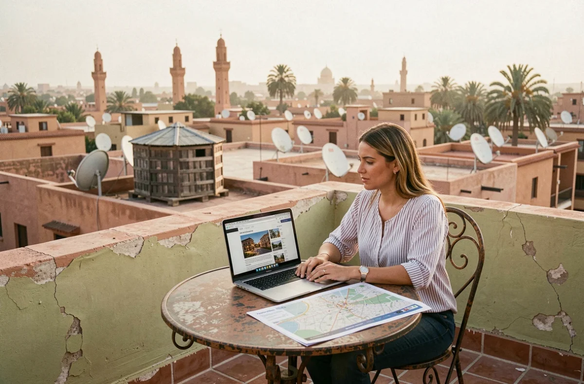 Femme recherchant un riad pas cher à acheter à Marrakech sur son ordinateur portable depuis une terrasse avec vue sur les toits de la ville