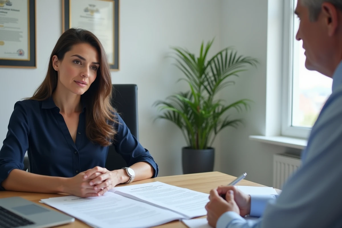 Femme en rendez-vous bancaire pour souscrire un prêt immobilier destiné à l'agrandissement de sa maison