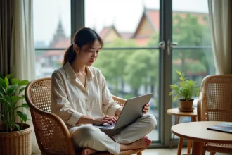 Femme cherchant une location d'appartement en Thaïlande sur un ordinateur portable depuis un appartement moderne de Bangkok