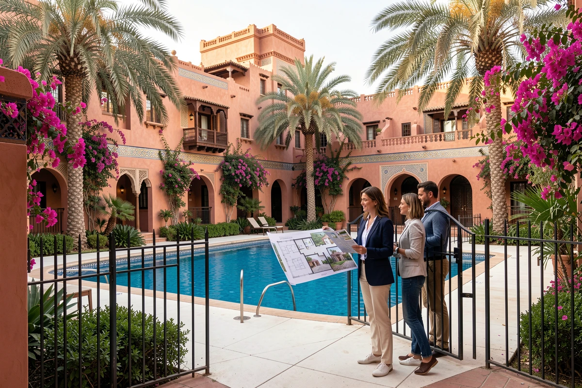 Résidence fermée avec piscine commune à Marrakech proposant des appartements à vendre entourés de jardins méditerranéens