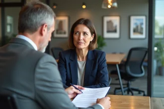 Propriétaire examinant un mandat de vente exclusif avec un agent immobilier dans une agence moderne