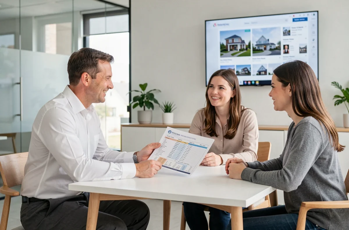 Agent immobilier présentant un rapport d'estimation immobilière à un couple de clients dans une agence immobilière moderne et lumineuse
