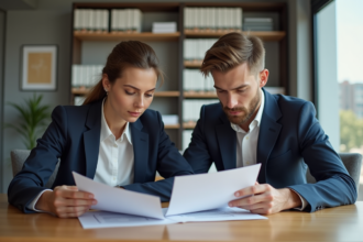 Femme d'âge moyen et jeune homme en réunion immobiliere