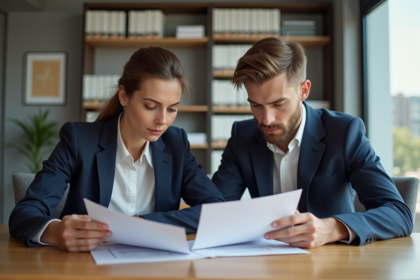 Femme d'âge moyen et jeune homme en réunion immobiliere