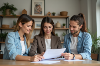 Trois adultes en réunion immobiliere dans un salon lumineux