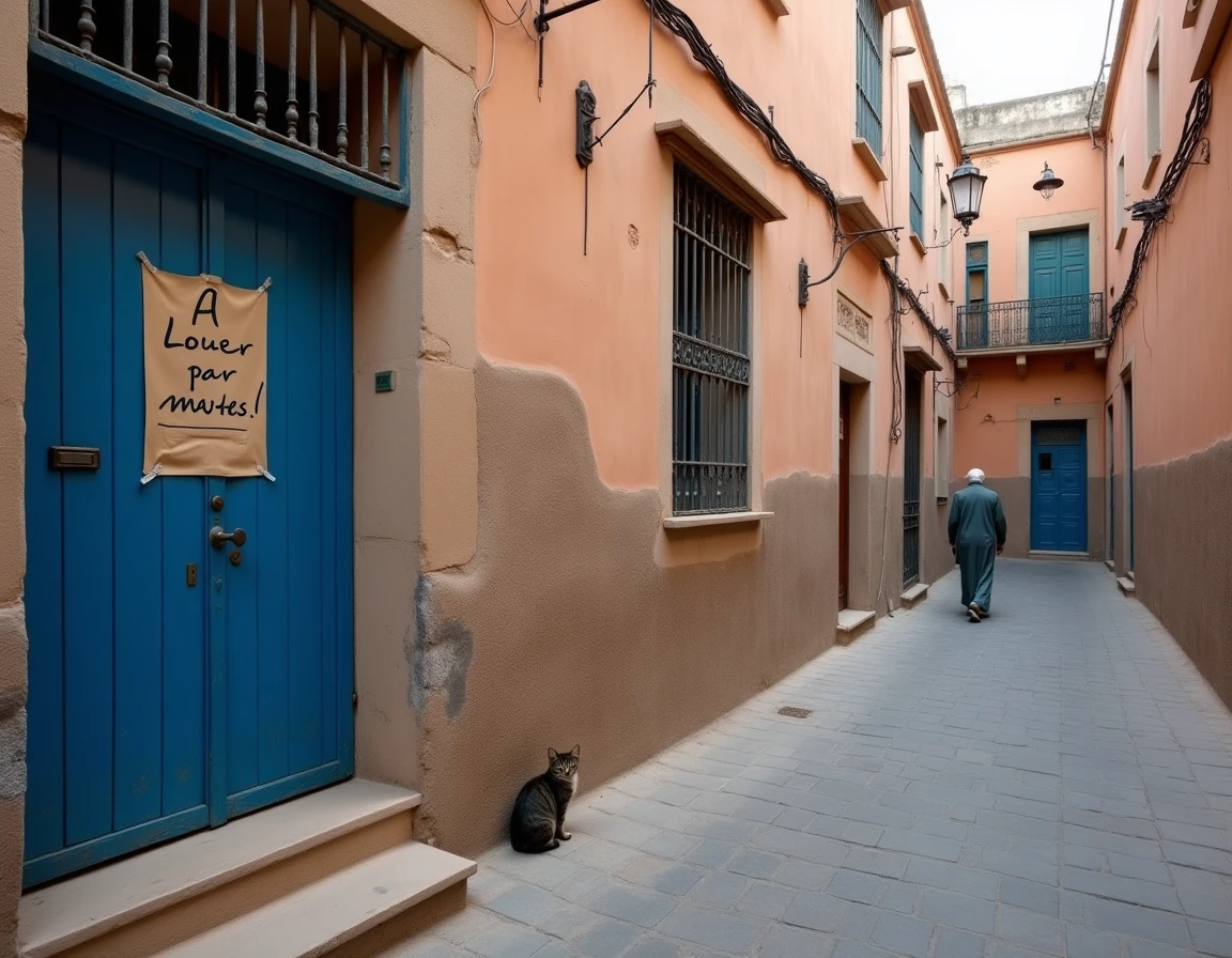 Panneau À Louer par mois sur une porte bleue d'appartement dans une ruelle de la médina d'Essaouira en basse saison