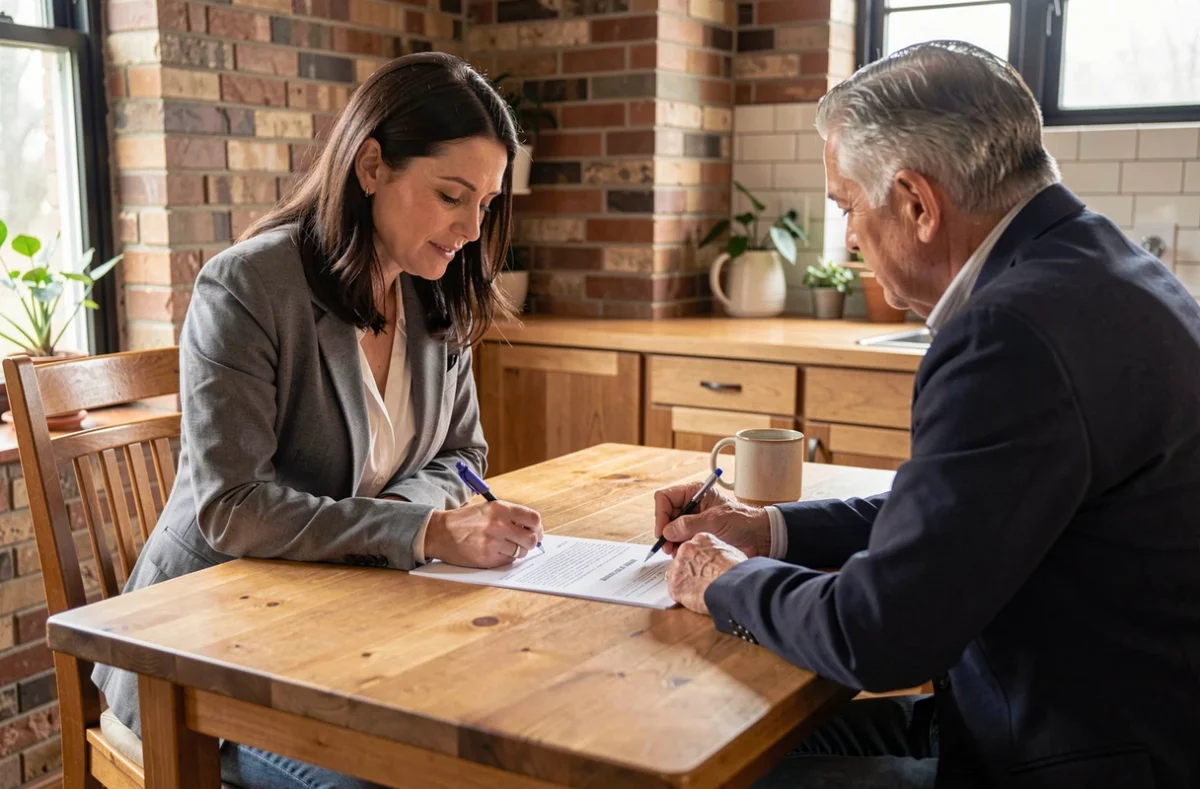 Locataire et propriétaire signant ensemble le contrat de location avec dépôt de garantie à la table