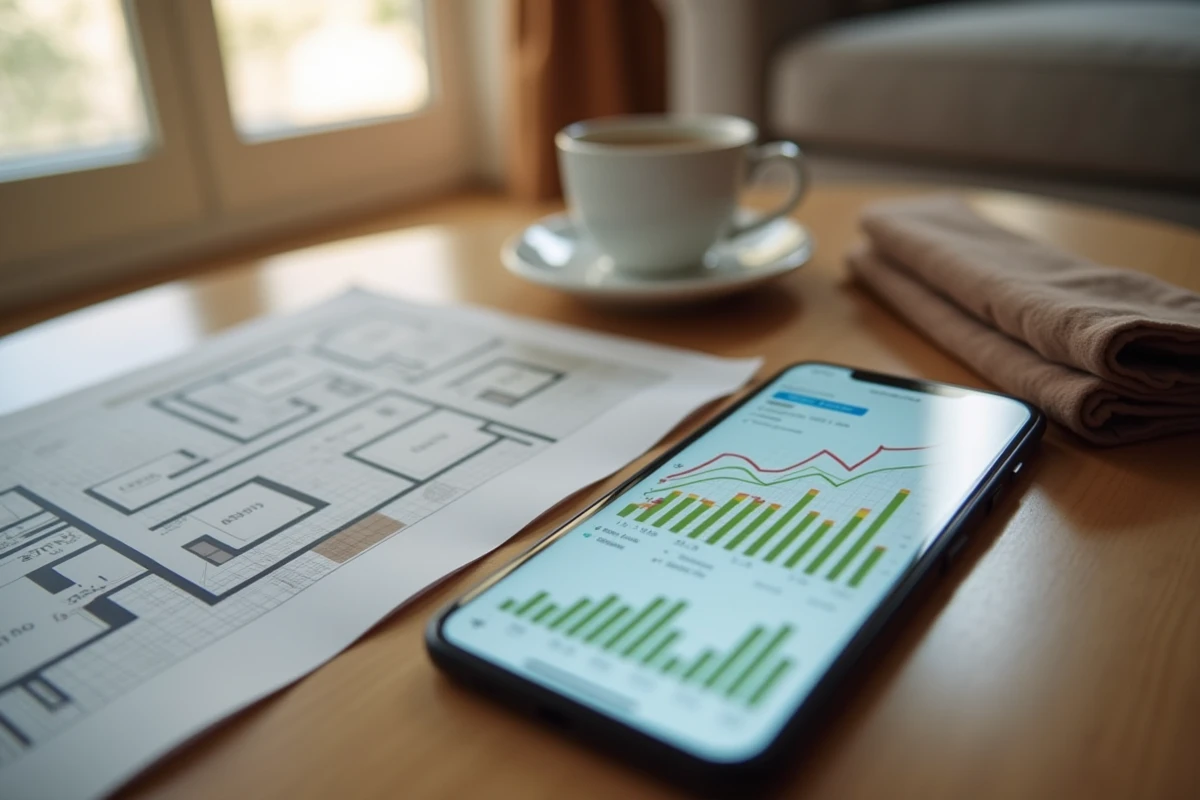 Smartphone affichant un graphique d'historique des prix immobiliers sur une table basse avec un plan d'appartement