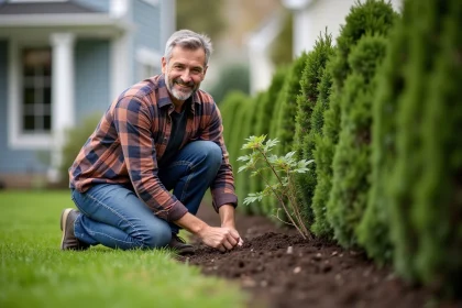 Homme plantant une haie dans un jardin suburbain