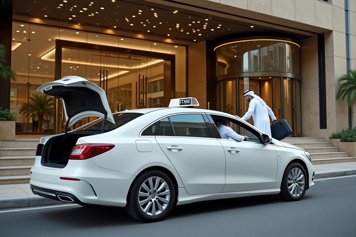 Taxi blanc de Dubaï déposant un voyageur avec valise devant l'entrée principale de la Tour Almas dans le quartier JLT