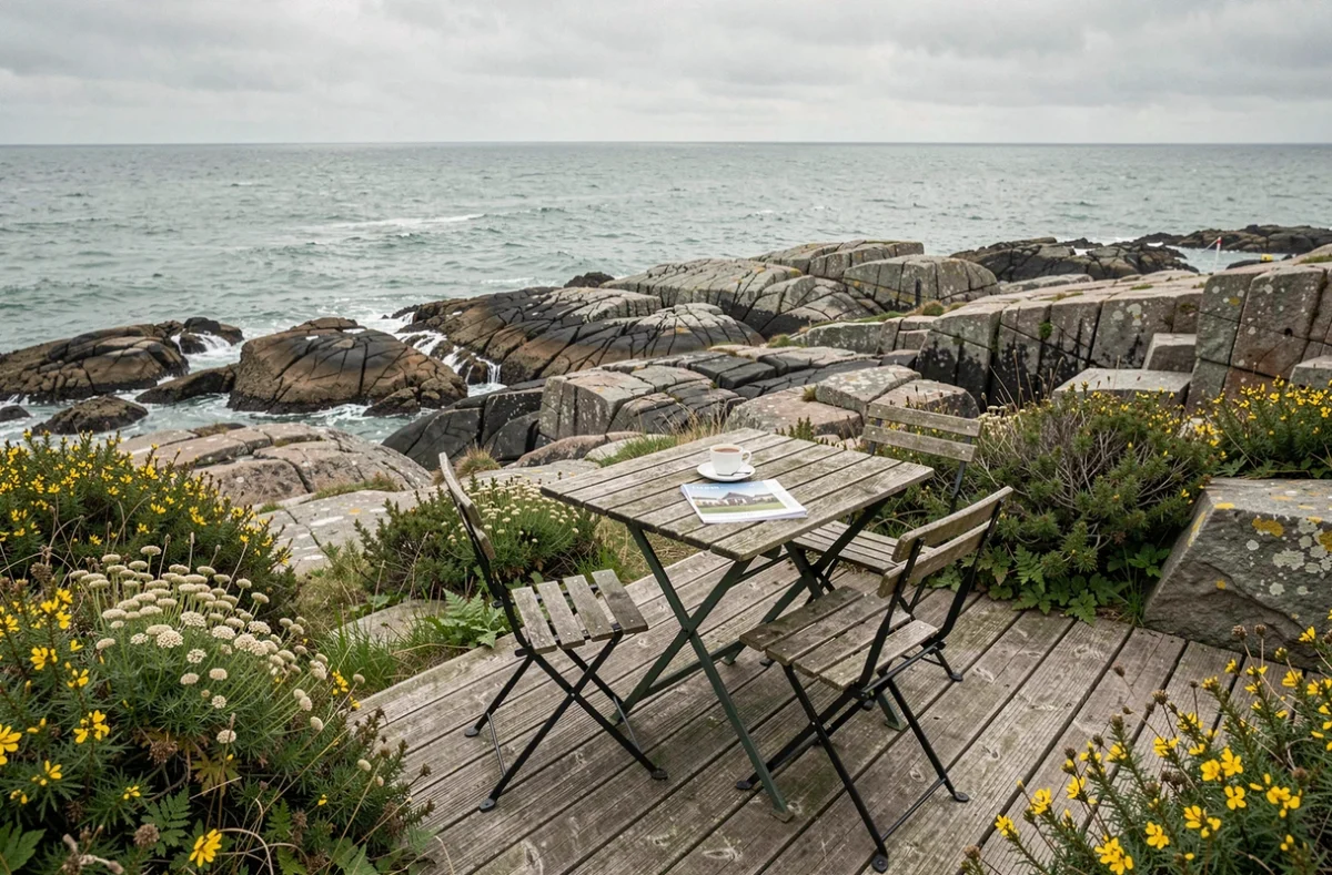 Terrasse d'une maison de pêcheur bretonne avec vue sur la côte rocheuse de l'Atlantique, idéale pour la location saisonnière en Bretagne