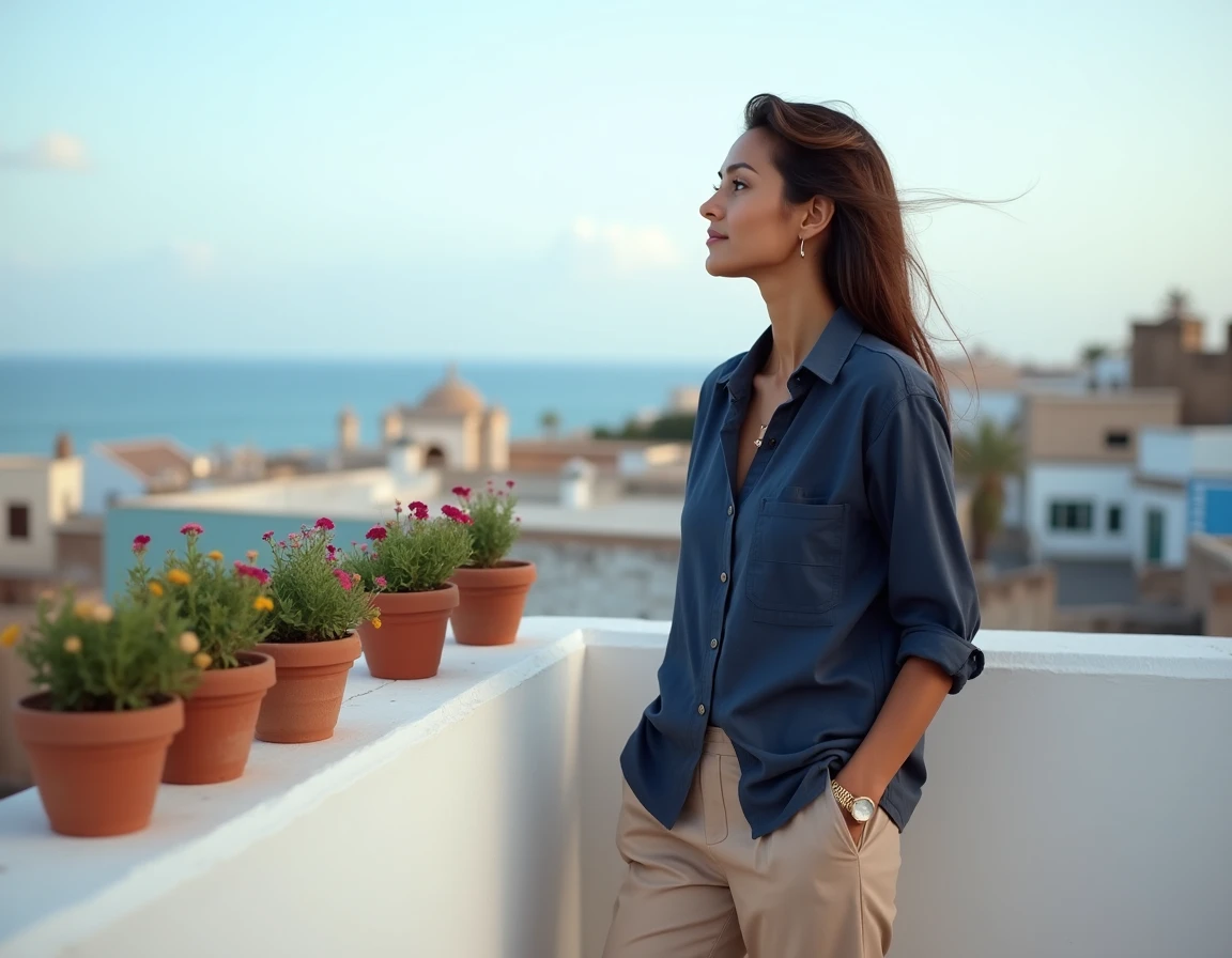 Femme sur une terrasse de riad avec vue sur les toits et les remparts d'Essaouira, appartement en location hors saison